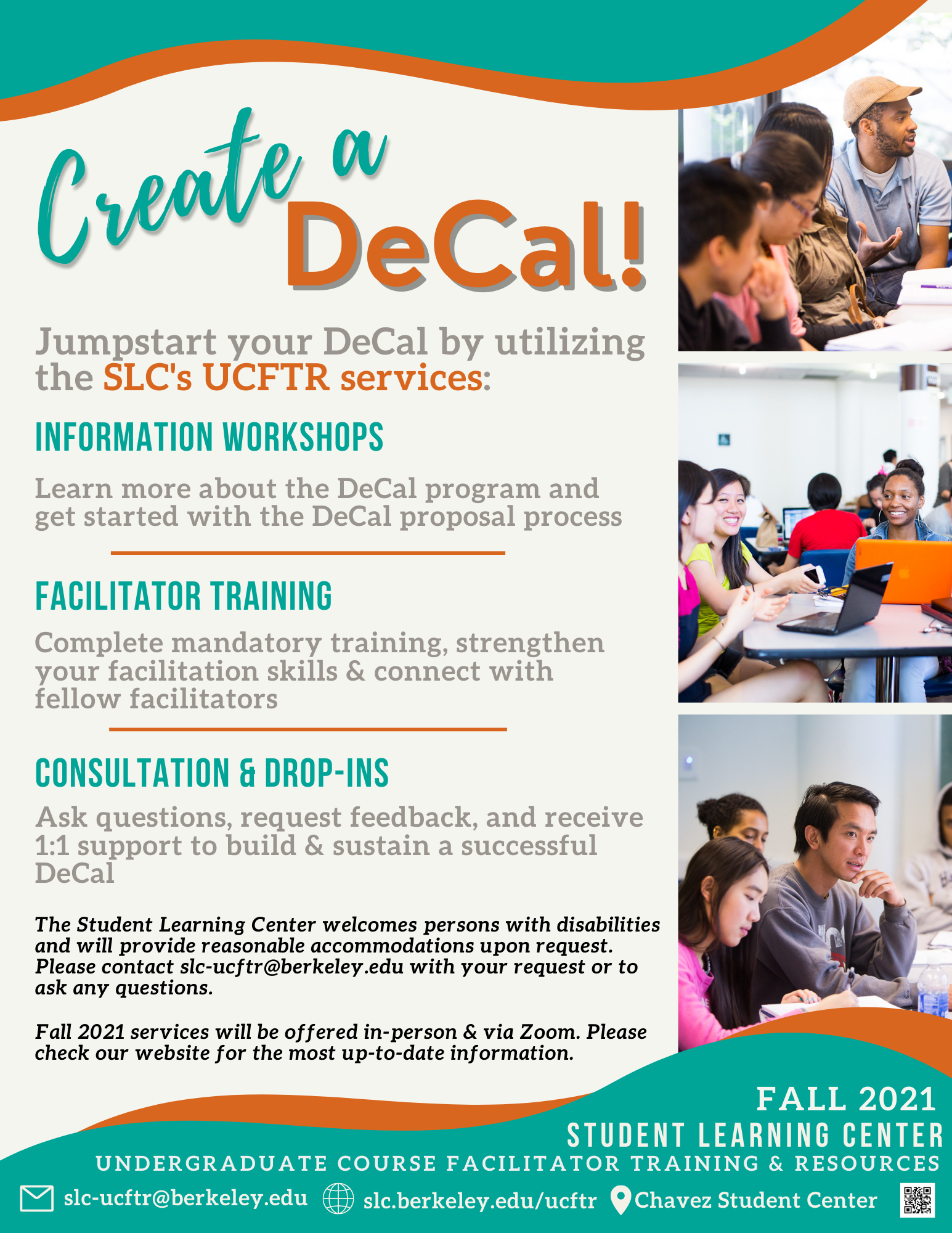 Flyer for Fall 2021 UCFTR Programs. Waves of turquoise and burnt orange frame the top and bottom of the flyer. The background color is a subtle tan and three photos line the right-hand side of the flyer. 