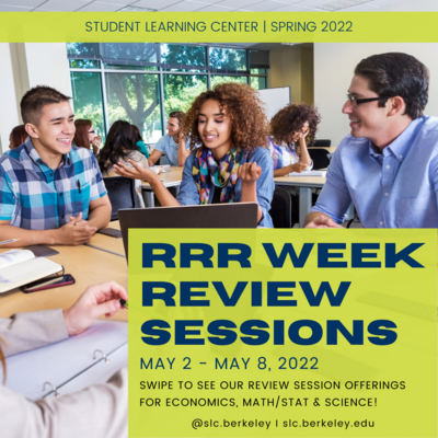 Flyer for Spring 2022 RRR Week Services Group of three students smiling and working together, with a title that reads "RRR Review Sessions" 