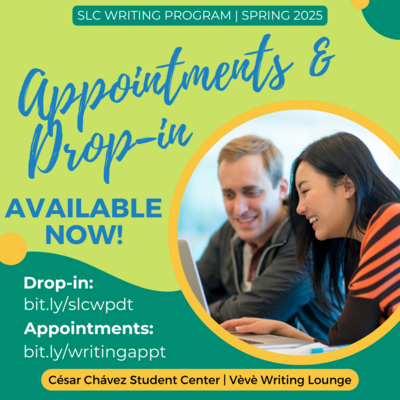 A colorful graphic featuring two students smiling and looking at a laptop together. The text reads Appointments and Drop In Available Now!