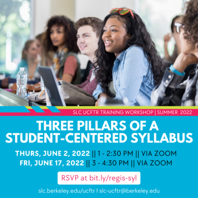Flyer for "Three Pillars of a Student-Centered Syllabus" training workshop. The top half of the flyer features a group of students smiling in class. The bottom half has a background of sky blue and text that is written out in the caption. 