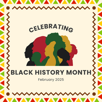 Illustrated green, red, yellow, and black silhouettes with text stating "Celebrating Black History Month"