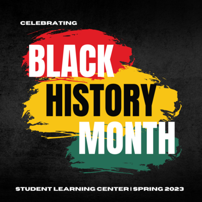 The image has the words Celebrating Black History Month with red, yellow, and green paint streaks behind each word.