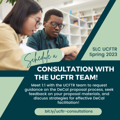 Consultations Flyer. Graphic features a photo on the top with two students looking at a screen together. 