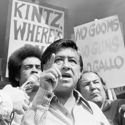 Black and white image of a close up of César Chávez speaking. Behind him are signs with various slogans.