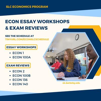 Graphic featuring the essay workshop and exam review schedule for Econ. The information is in the post.