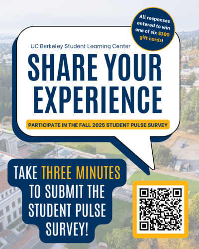 A flyer featuring the text "Share Your Experience!" with the link to complete the pulse survey at bit.ly/fa25-ps1.
