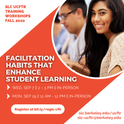 Flyer for "Facilitation Habits" Workshop. The white background is accentuated by a reddish-orange diagonal stripe that runs from the bottom left corner to the top right corner. On top of the stripe in the top right is a ciruclar picture of a student smili