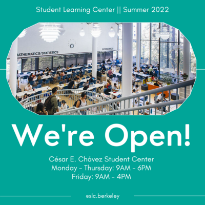 "We're Open" Flyer. The background is a teal blue and in the middle is a photo of the SLC Atrium. Underneath the photo is "We're Open" in large, white letters. 