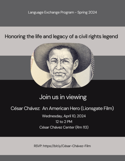 Infographic with the Event Details and an illustrated photo of César Chávez