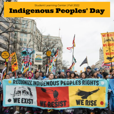 The image shows Native people marching and holding a sign that says, "Recognize Indigenous Peoples Rights. We Exist. We Resist. We Rise."