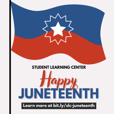 Juneteenth Graphic. Includes a Juneteenth flag and text underneath the flag that reads "Happy Juneteenth!"