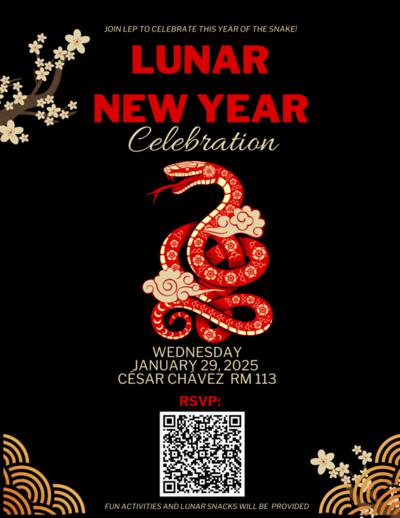 Invitation graphic featuring a large, red and gold snake in the center. The words Lunar New Year Celebration are above in red, and there is a QR code for RSVPing.