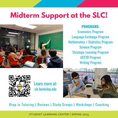 An infographic with photos of students studying at the SLC, a list of our programs, a list of some of our services, and a QR code to our website to learn more.
