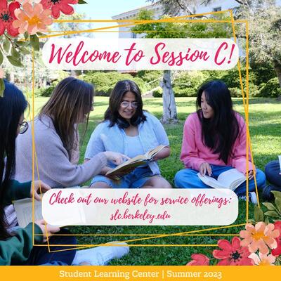 Text that states "Welcome to Session C" overlaid on a photo of students reading together.