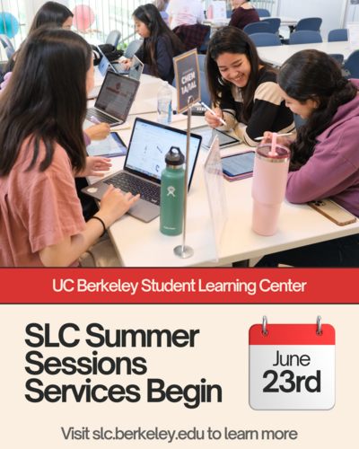 Four students attend drop-in tutoring. A calendar graphic announces that SLC summer services will launch on June 23rd.