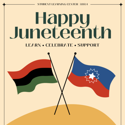 A graphic featuring the Juneteenth and Pan-African flags crossed. Above is text reading Happy Juneteenth! Learn, Celebrate, Support.