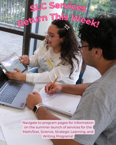 Two students look at an iPad with graphs drawn and equations written. Navigate to program pages for information on the summer launch of services for the Math/Stat, Science, Strategic Learning, and Writing Programs.