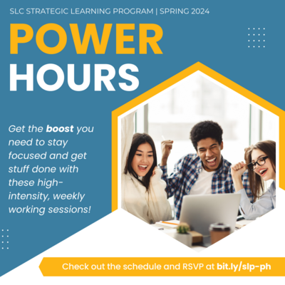 SLP Power Hours Flyer. The flyer features an image of three students in front of a computer celebrating.