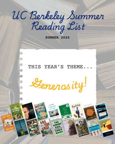 Pictures of the covers of this year's summer reading books with typewriter font sharing that this year's theme is generosity.