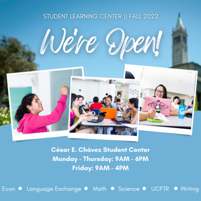 The image shows the hours the SLC is open as well as photos of students studying or participating in programming at the SLC.
