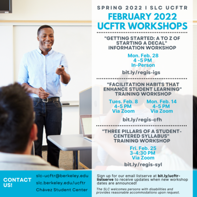 Flyer for February 2022 UCFTR Workshops. The flyer features a teacher at the front of the classroom, pointing at a student who has their hand up. 